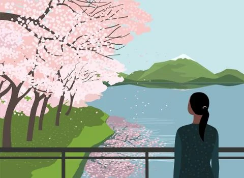 Cherry blossoms at river enjoy flat vector poster Stock Illustration