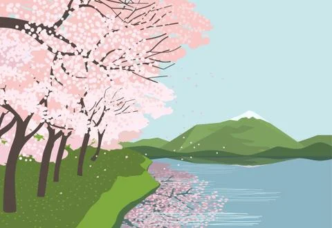 Cherry blossoms at the river flat vector landscape Stock Illustration