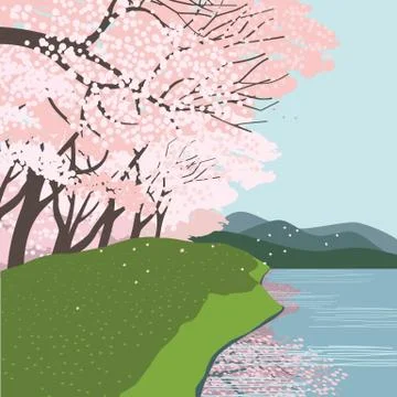 Cherry blossoms at the river flat vector landscape Stock Illustration