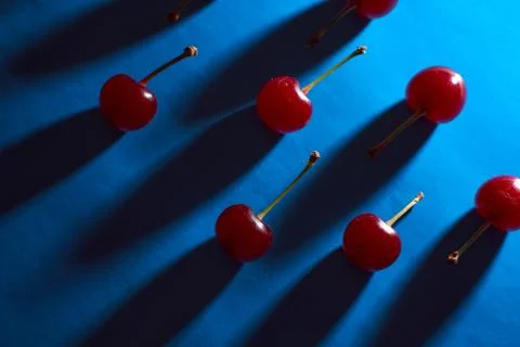 Cherry on blue background with shadows effect Stock Photos