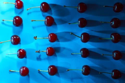 Cherry on blue background with shadows effect Stock Photos