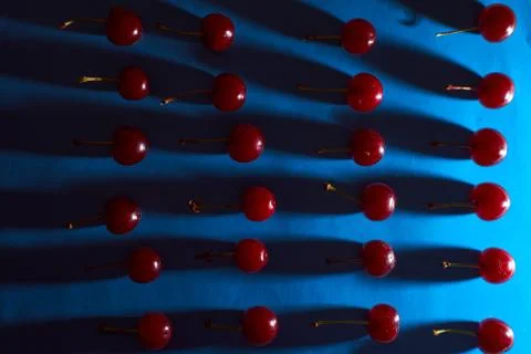 Cherry on blue background with shadows effect Stock Photos