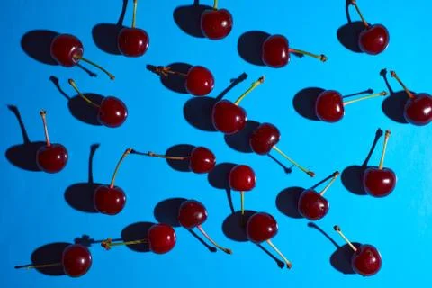 Cherry on blue background with shadows effect Stock Photos