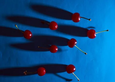 Cherry on blue background with shadows effect Stock Photos