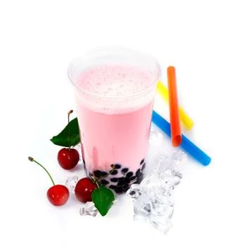Cherry boba bubble tea Stock Photos