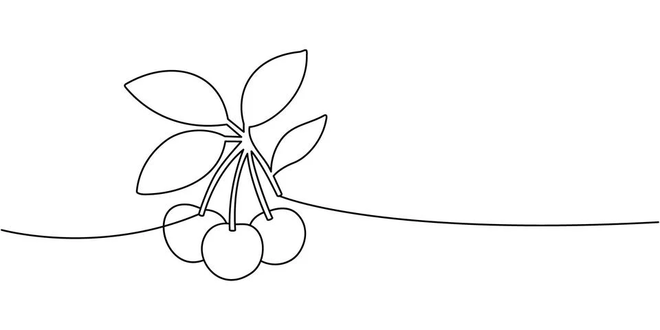 Cherry branch continuous line with three fruits and leaves. Modern minimalist Stock Illustration