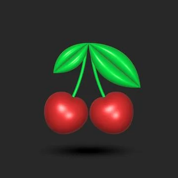 Cherry branch with two berries on black background, red cherries with green.. Stock Photos