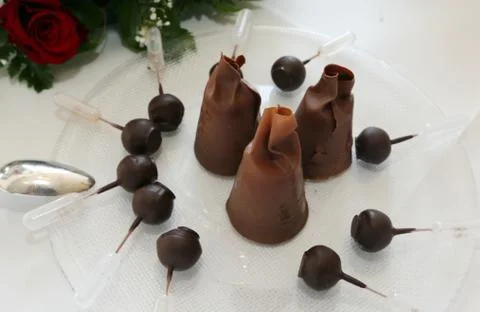 Cherry brandy chocolates with a dark coating, Chocolate dream for the bride Stock Photos