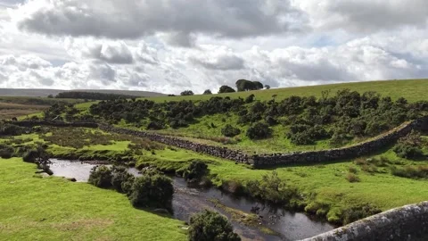 Cherry Brook road bridge drone flight Dartmoor Stock Footage 345732136