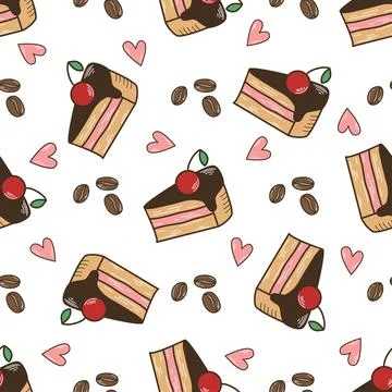 Cherry cake and coffee beans seamless pattern Illustrazione stock