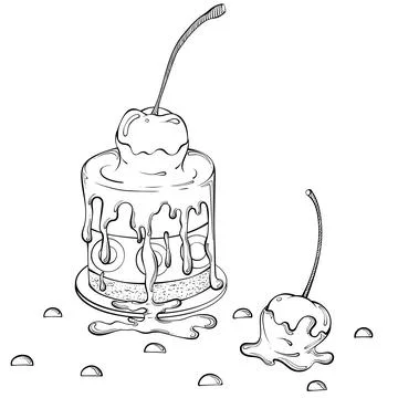 Cherry cake with flowing chocolate line art Stock Illustration
