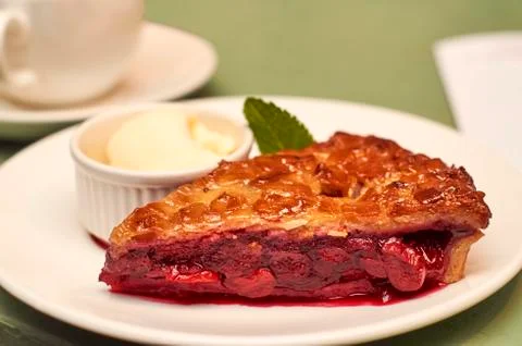 Cherry cake with ice cream close up Foto stock