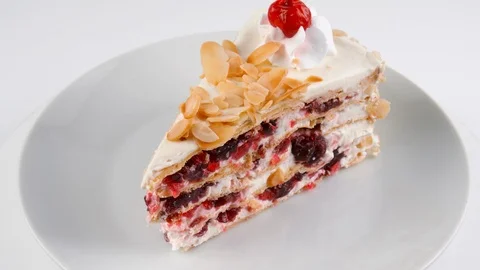 Cherry cake, layered cake stuffed with cherries and cream Stock Footage 87173665