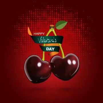Cherry card. Cherries in the form of hearts. Happy Valentine's Day. Vector il イラスト素材