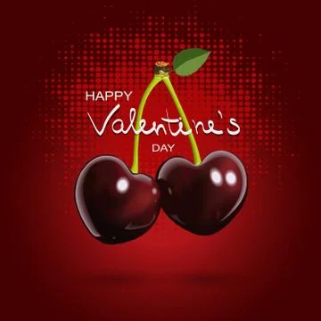 Cherry card. Cherries in the form of hearts. Happy Valentine's Day. Vector il イラスト素材