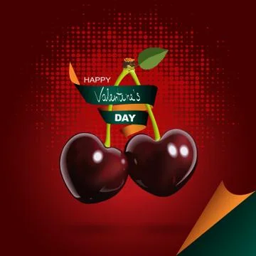 Cherry card. Cherries in the form of hearts. Happy Valentine's Day. Vector il Stock Illustration