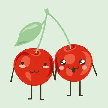 Cherry cartoon characters. Romantic couple. Red berry pair. Happy fruits with Ilustração Stock