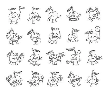 Cherry character set in outline line art Stock Illustration