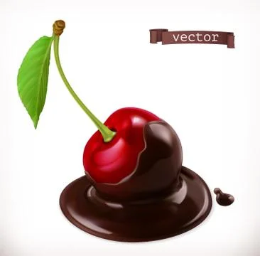 Cherry in chocolate. 3d realistic vector icon Stock Illustration