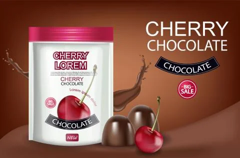 Cherry chocolate Vector realistic mock up. Chocolate splash background. Produ Illustrazione stock