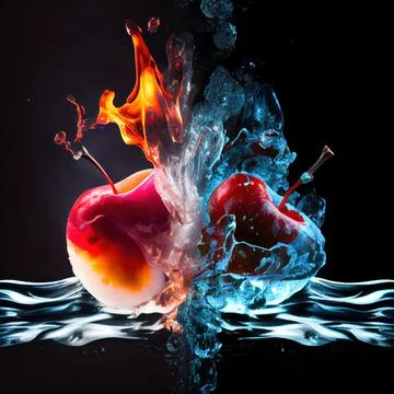 Cherry in the clash of ice and fire on black background. Stock Illustration