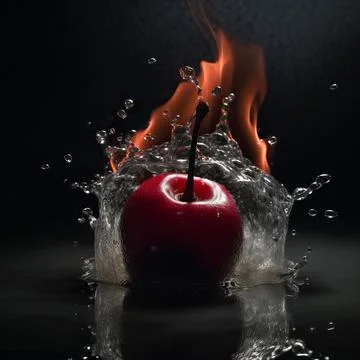 Cherry in the clash of water and fire on black background. Stock Illustration