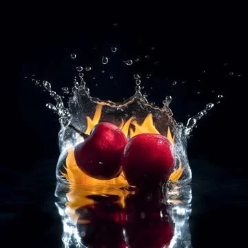 Cherry in the clash of water and fire on black background. Stock Illustration