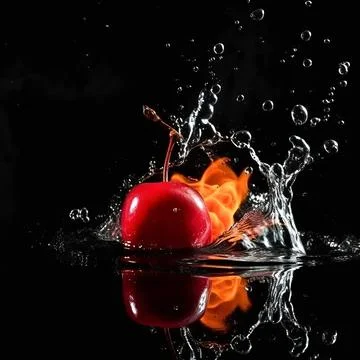 Cherry in the clash of water and fire on black background. Stock Illustration