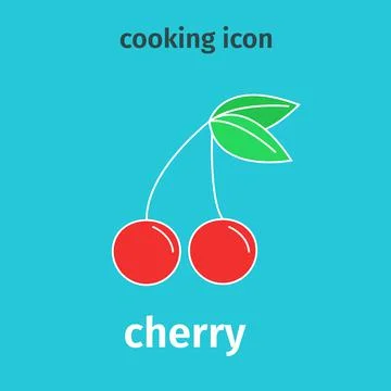 Cherry colored icon. Vector. Red cherries with leaves. Flat. Stock Illustration