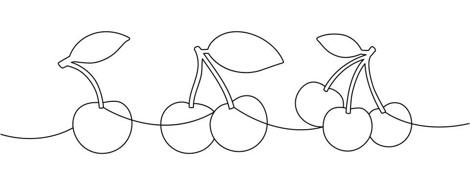 Cherry continuous line art with multiple fruits. Minimal one line vector outline Stock Illustration