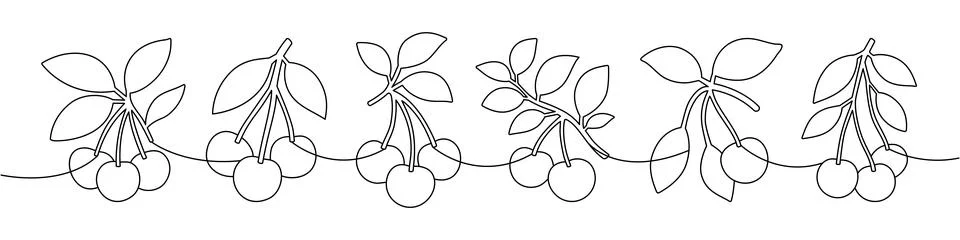 Cherry continuous line vector art. Minimal one line fruit pattern with multiple Illustrazione stock