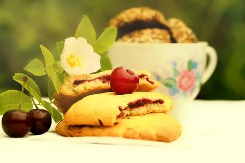 Cherry cookie dessert rose spring retro vintage selective soft focus Stock Photos