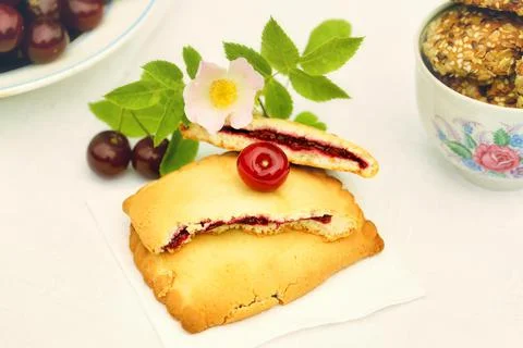 Cherry cookie dessert rose spring retro vintage selective soft focus Stock Photos