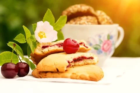 Cherry cookie dessert rose spring retro vintage selective soft focus Stock Photos