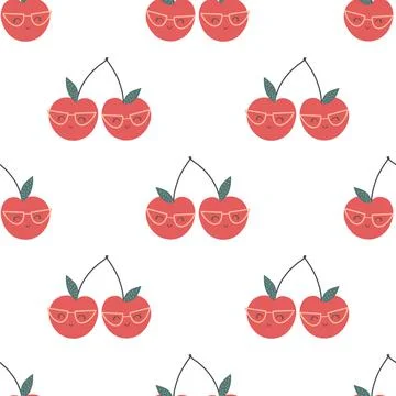 Cherry creative seamless pattern. Funny red characters with happy faces. Vector Stock Illustration