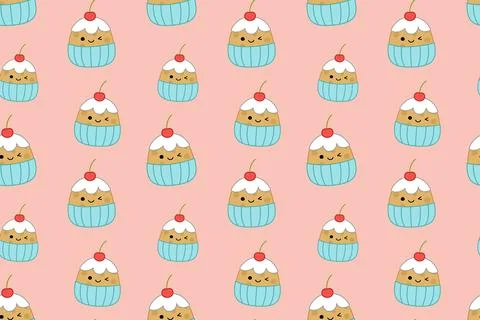 Cherry cupcake on pink seamless pattern. Squishmallow. Cake. Kawaii, Vector Stock Illustration