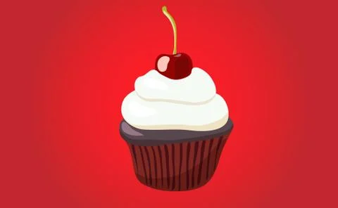 Cherry cupcake on red background, vector illustrsration EPS10. Stock Illustration