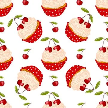 Cherry cupcake seamless pattern Stock Illustration