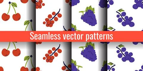 Cherry, currant and grape. Fruit seamless pattern bundle. Color illustration  Stock Illustration