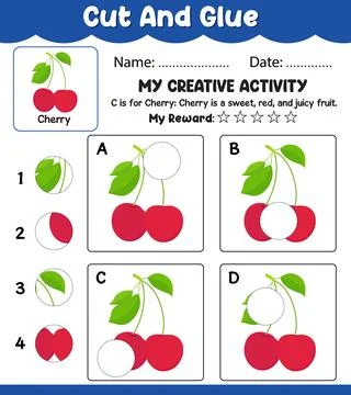 Cherry Cut and Match Vector Worksheet, Preschool Learning Activity with Nam.. Stock Illustration