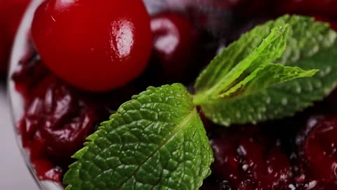 Cherry dessert in a glass close-up Video stock 328186397