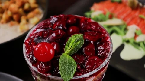 Cherry dessert in a glass close-up Stock Footage 328187536