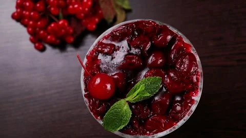 Cherry dessert in a glass close-up Video stock 328187824