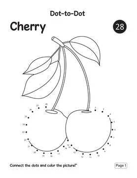 Cherry dot to dot drawing and coloring activity page for kids Stock Illustration