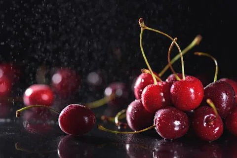 Cherry with drops on black background Stock Photos