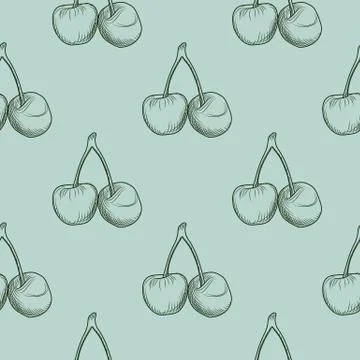 Cherry engraving seamless pattern. Etch black berries silhouette on light blu Stock Illustration