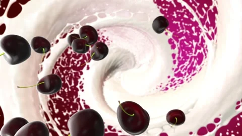 Cherry falling. The whirlpool. Milk. Rotation. A delicacy. View from above. Stock Footage 256022080