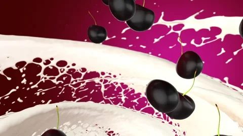 Cherry falling. The whirlpool. Milk. Rotation. A delicacy. Stock Footage 256022082