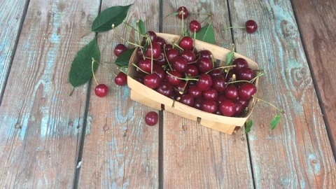 Cherry, female hand put a basket with ripe cherries on a wooden table Stock Footage 147104822