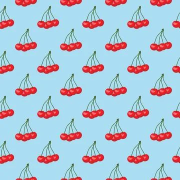 Cherry flat seamless pattern on blue background. Stock Illustration